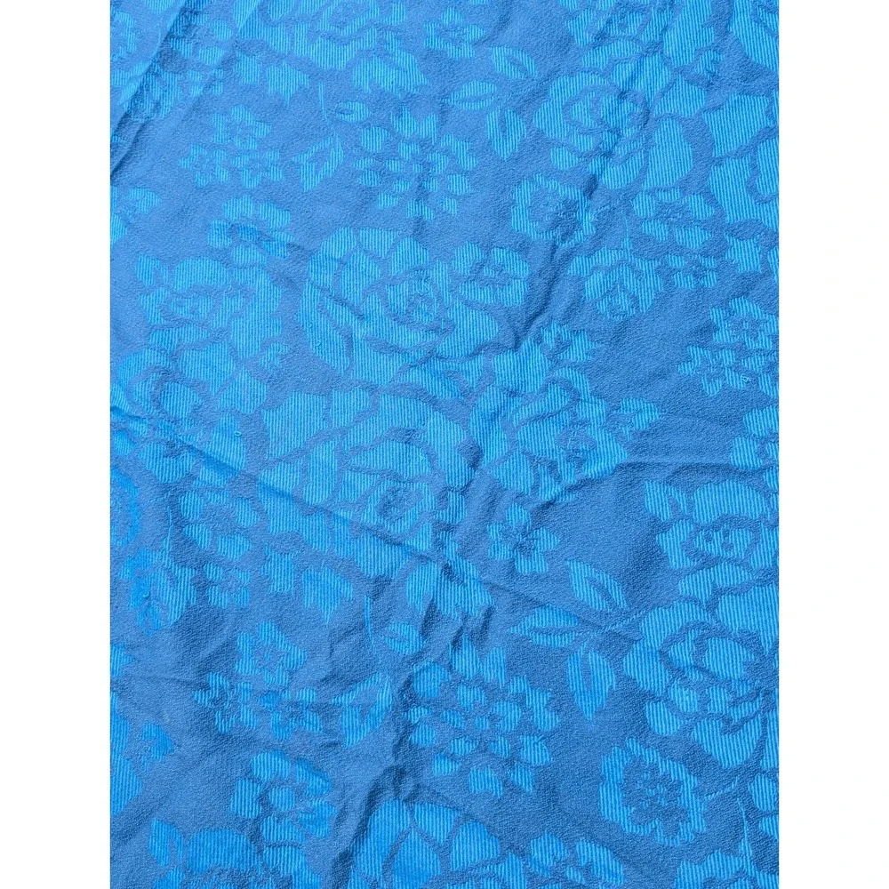 Vintage Royal Blue Rose Pattern Floral Fringed Blanket Bedspread Sofa Cover MCM